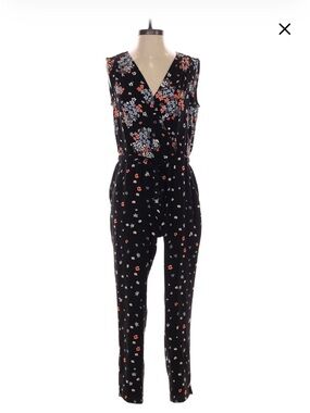 LOFT Black Floral Sleeveless Tie-Waist Jumpsuit